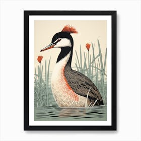 Vintage Bird Linocut Grebe 4 Art Print