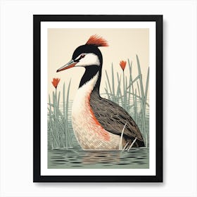 Vintage Bird Linocut Grebe 4 Poster