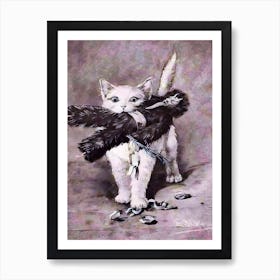 Christmas White Cat With Krampus Doll - Victorian Vintage German Illustration of Xmas Greeting Card Cat Playing With Bad Santa Toy Remastered HD Yule Art Print