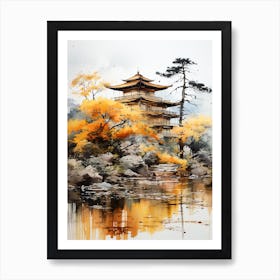 Kinkaku Ji (Golden Pavilion) In Kyoto, Japanese Brush Painting, Ukiyo E, Minimal 3 Poster