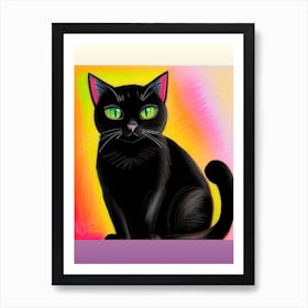 Vintage Black Cat With Green Eyes portrait, AI Art Print