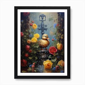 Duckling In The Fountain Floral Painting 2 Art Print