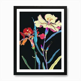 Neon Flowers On Black Carnation Dianthus 2 Art Print