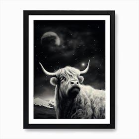 Black & White Illustration Of Highland Cow With The Stars Art Print