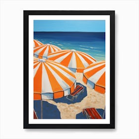 Striped Orange And White Beach Umbrellas In Italy Art Print