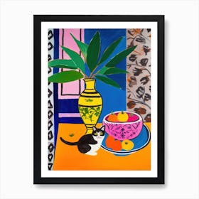A Painting Of A Still Life Of A Bird Of Paradise With A Cat In The Style Of Matisse 1 Art Print
