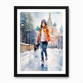 Girl Skateboarding In Moscow, Russia Watercolour 4 Art Print