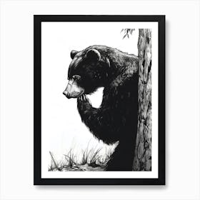 Malayan Sun Bear Scratching Its Back Against A Tree Ink Illustration 4 Art Print