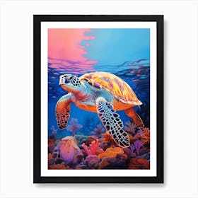 Vivid Sea Turtles In Ocean At Sunset 1 Art Print