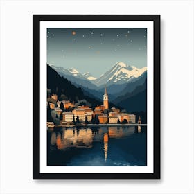 Winter Travel Night Illustration Lake Como Italy 1 Art Print