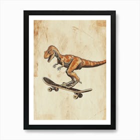 Vintage Utahraptor Dinosaur On A Skateboard 2 Art Print