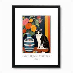 Cats & Flowers Collection Daisy Flower Vase And A Cat, A Painting In The Style Of Matisse 0 Art Print