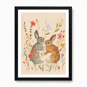 Folksy Floral Animal Drawing Rabbit 1 Art Print