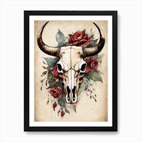 Vintage Boho Bull Skull Flowers Painting (2) Art Print