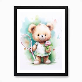 Tennis Teddy Bear Painting Watercolour 3 Art Print