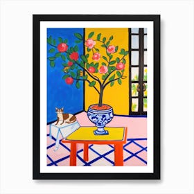 A Painting Of A Still Life Of A Freesia With A Cat In The Style Of Matisse 4 Art Print