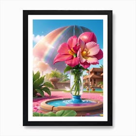 3d Animation Style A Pink Tropical Flower With A Drop Of Dew S 0 Art Print