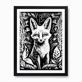 Fox In The Forest Linocut Illustration 15  Art Print