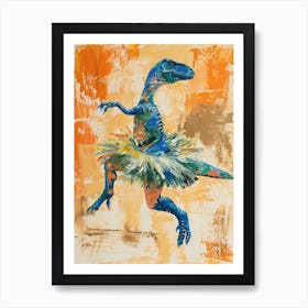 Dinosaur Dancing In A Tutu Blue Orange  2 Art Print