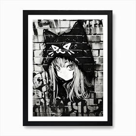 Kawaii Aesthetic Blakc and White Nekomimi Anime Cat Girl Urban Graffiti Style Affiche