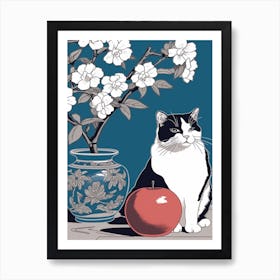 Drawing Of A Still Life Of Camelia With A Cat 1 Art Print