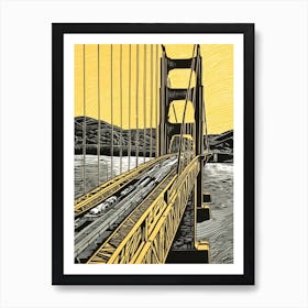 Golden Gate San Francisco Linocut Illustration Style 4 Art Print