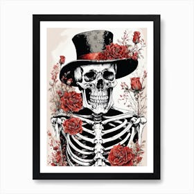 Floral Skeleton With Hat Ink Painting (22) Art Print