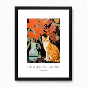 Cats & Flowers Collection Foxglove Flower Vase And A Cat, A Painting In The Style Of Matisse 1 Art Print