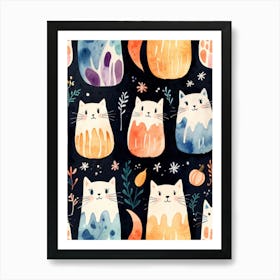 Watercolor Cats Pattern Art Print