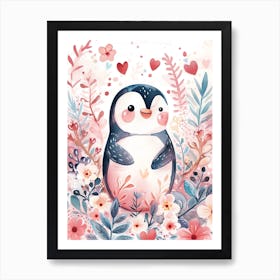 Penguin Floral Watercolor Spring Love Valentine Art Print