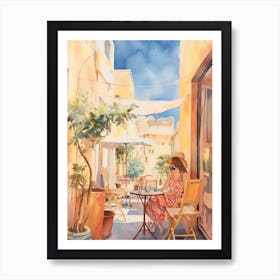 At A Cafe In Rhodes Greece Watercolour Art Print