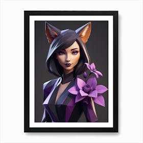 Low Poly Floral Fox Girl, Purple (25) Art Print