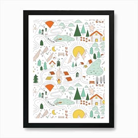 Hiking Through the Wildness Multicolor Summer Camp on White Art Print