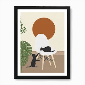 Minimal art Cats playing On A Chair Art Print