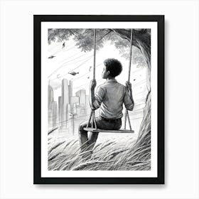 Moody Man on Swing Sketch 5 Art Print