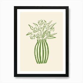 Stripes Flower Vase Floral Still Life Illustration - Forest Green Art Print