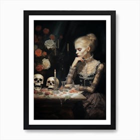 A Woman Sitting At Her Dining Table In Front Of Skeleton Art Print