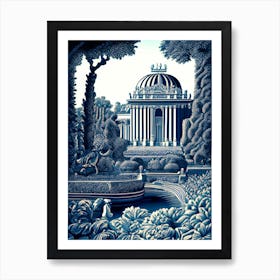 Gardens Of The Royal Palace Of Caserta, Italy Linocut Black And White Vintage Art Print