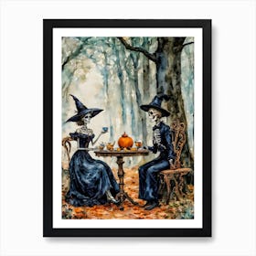 Tea for the Dead ~ Witchy Gothic Skull Skeleton Couple Watercolour Art Print