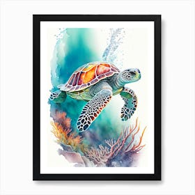 A Single Sea Turtle In Coral Reef, Sea Turtle Cute Neon 2 Art Print