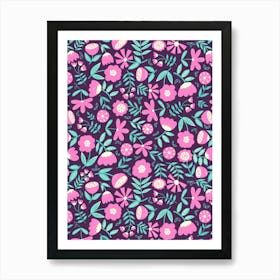 Cute Soft Scattered Scandi Florals Plum Purple, Pink, Mint Green Art Print