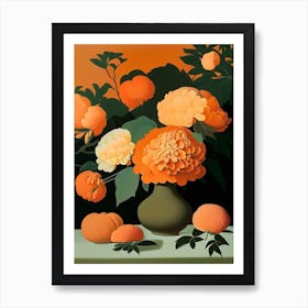 Orange Peonies On A Table 1 Vintage Sketch Art Print