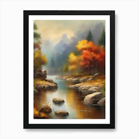 Autumn Lake,Forest Lake, Vintage Oil Painting, Farmhouse Wall Decorations, Antique Landscape, Vintage Landscape Oil Painting.15 Art Print