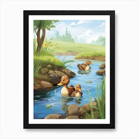 Animated Ducklings Swimming In The River 2 Art Print