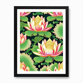 Lotus Flower Repeat Pattern Retro Illustration 1 Art Print