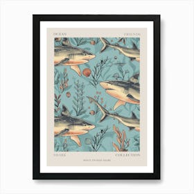 Pastel Blue White Tip Reef Shark Watercolour Seascape Pattern 3 Poster Art Print