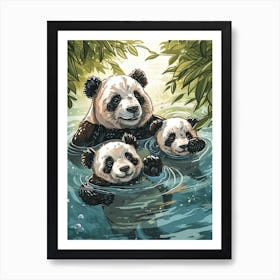 Giant Panda Family Swimming In A River Storybook Illustration 4 Art Print