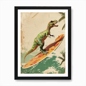 Vintage Compsognathus Dinosaur On A Surf Board 2 Art Print