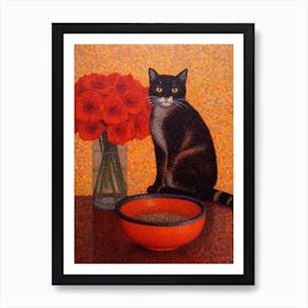 Dahlia With A Cat 2 Pointillism Style Art Print