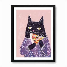 Cute Black Cat Eating A Pizza Slice Folk Illustration 1 Art Print